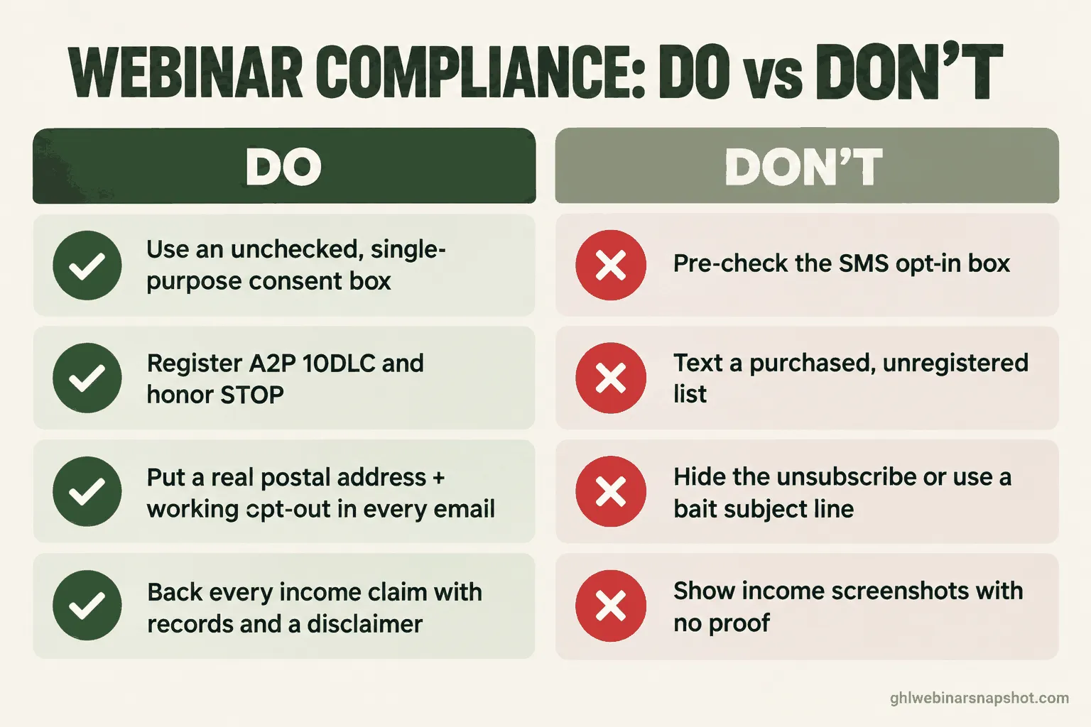 Webinar compliance do and don’t panel: use an unchecked consent box, register A2P 10DLC and honor STOP, and back income claims with records, versus pre-checking opt-ins, texting an unregistered list, or hiding the unsubscribe