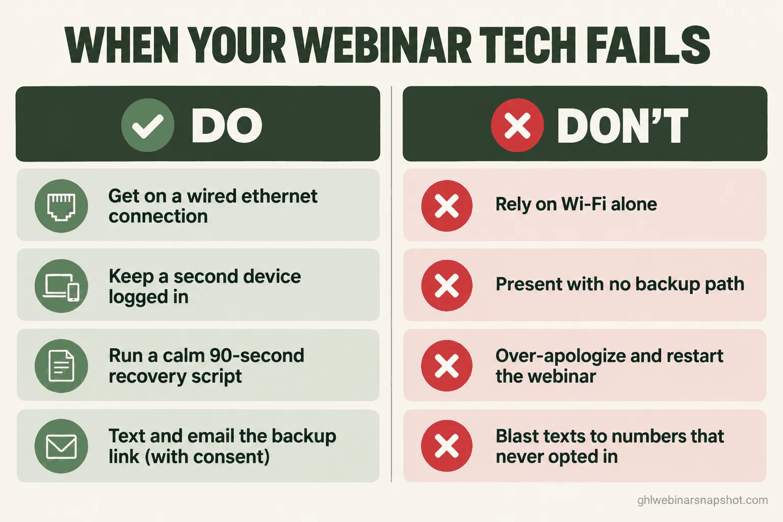 Do and don’t checklist for when your webinar tech fails, covering wired connections, a backup device, the recovery script, and SMS consent